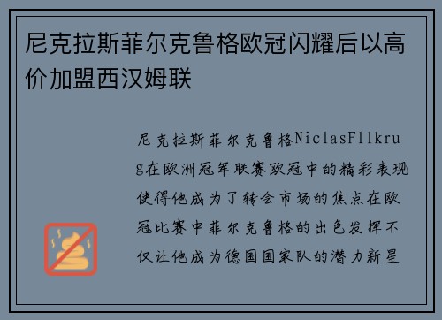 尼克拉斯菲尔克鲁格欧冠闪耀后以高价加盟西汉姆联 尼克拉斯菲尔克鲁格欧冠闪耀后以高价加盟西汉姆联